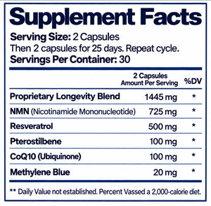 Mito Stack supplement facts: NMN 725mg, Resveratrol 500mg, Pterostilbene 100mg, CoQ10 100mg, Methylene Blue 20mg per 2-capsule serving, 30 servings