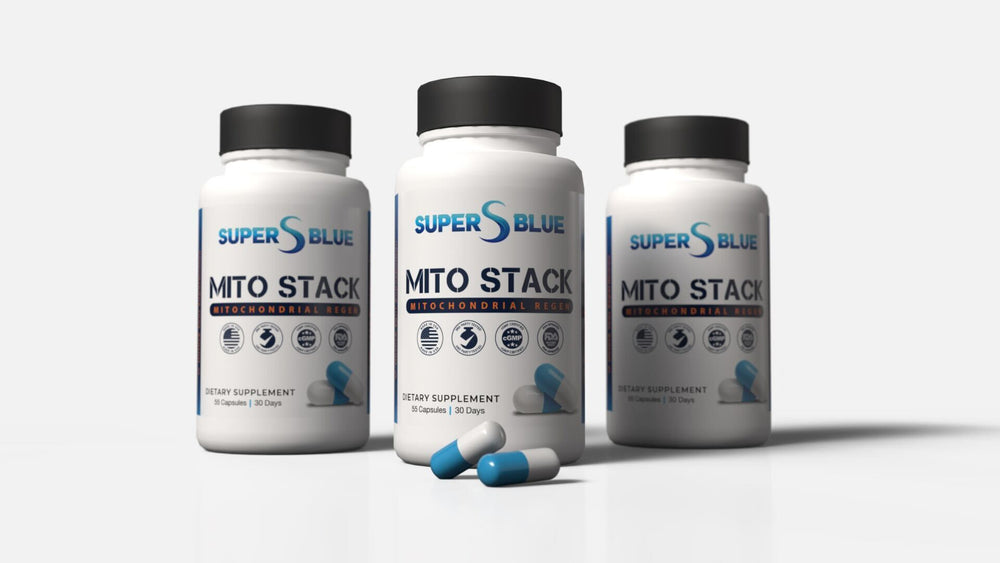 Mito Stack mitochondrial supplement bottle by Super Blue, 30-day supply, made in USA, premium ingredients
